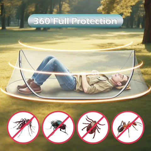Ultra Lightweight Pop Up Mosquito Net Bed Tent, breathable soft mesh, person sleeping outdoors, showcasing 360° full protection