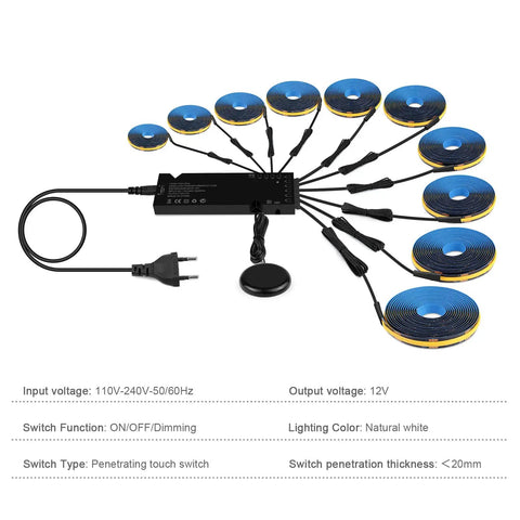 12V LED Cabinet Lighting Kit 10pcs Self-Adhesive Cuttable 6.56Ft 4000K with 10 LED roll strips and controller.