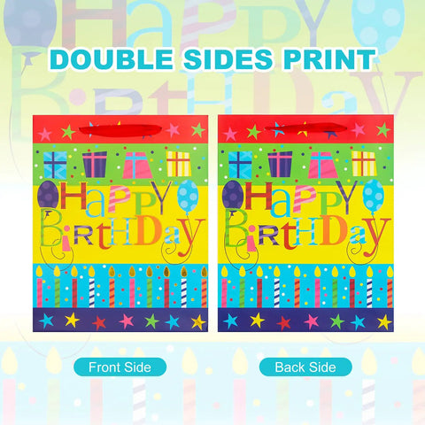 Two Pack 12.6 Inch Large Happy Birthday Gift Bags with Tissue Paper for Birthday Party Supplies, colorful cheerful design front and back.