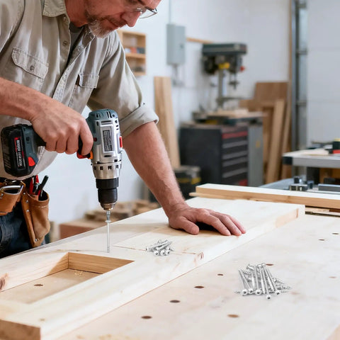 Person using Pocket Hole Screws One And A Quarter Inch, 373 Pcs Set For Wood Coarse Thread in woodwork.