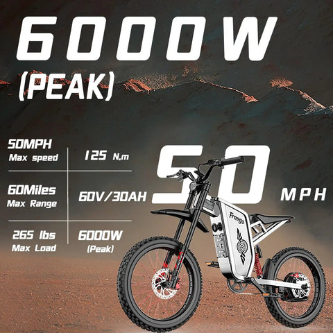 X2Pro Electric Dirt Bike For Adults With 6000W Peak Motor, 60V/30Ah Battery, shown against a rugged off-road background
