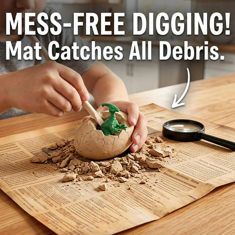 Child using 24 Dino Eggs Dig Kit For Kids With Magnifier And Excavation Tools, STEM Dino Egg Discovery Set For Boys And Girls on mat