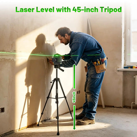 360 Degree Laser Level With Tripod Self Leveling Green Laser Tool For Pros Drop Proof Rugged Build With 60 Inch Drop Protection All Around Rubber Armor For Tough Jobsite Drops, 45-inch tripod in use