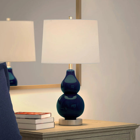 Navy Glass Base Petite Table Lamp With Linen Fabric Shade In White, Satin Nickel Finish, 21.25 Inch Tall on nightstand