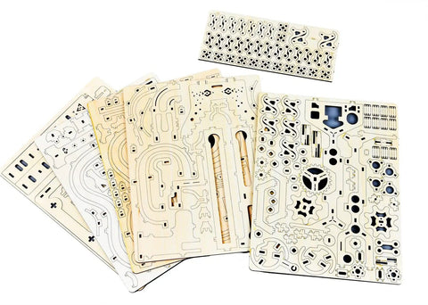 Sheets of laser-cut plywood pieces for Mechanical Marble Run Puzzle Kit With Chain Hoist 335 Pieces And 8 Marbles A DIY Wood Model Building Kit For Adults And Teens A Kinetic Sculpture That Builds Focus Patience And Fun.