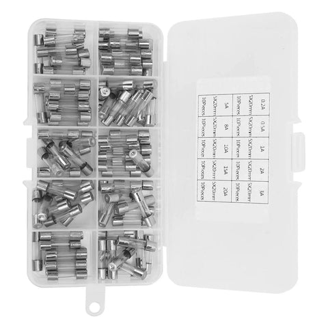 Pro Grade Glass Fuse Assortment Kit, 100 Piece Heavy Duty Set in clear storage box, 5X20mm tube fuses for circuit protection.