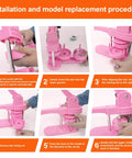 Installation procedure for Awesome Vibrant Pink Button Maker Press with size dies and badge supplies, showing usage steps.