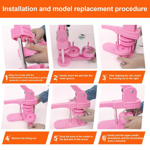 Installation procedure for Awesome Vibrant Pink Button Maker Press with size dies and badge supplies, showing usage steps.