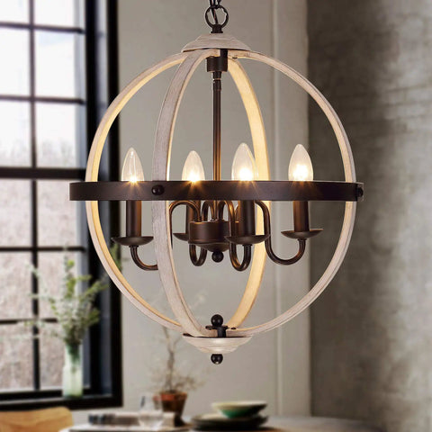 Dope Farmhouse Rustic Globe Orb Chandelier In Oak And White Finish Four Light Pendant hanging in dining room interior