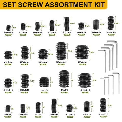 Badass Seven Hundred Piece Socket Set Screw Assortment Kit With Twenty Five Sizes Metric And Sae Cup Point Grub Screws showing assorted sizes and hex tools.