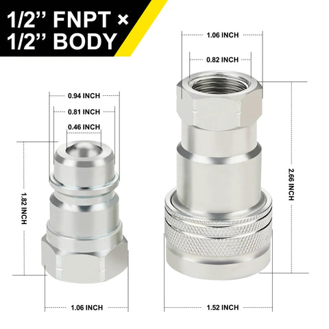 Two ANCIMOON 1/2 in Ag ISO 5675 ball-pioneer hydraulic quick-connect couplers with dust caps; silver metal