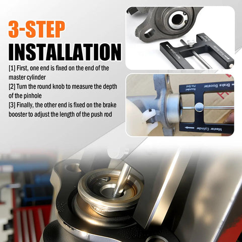Magnetic Aluminum Brake Booster Adjustment Tool For Precise Braking Distance Tuning Universal Push Rod Brakes Master Cylinder Compatibility Easy Grip Pro Grade Auto Maintenance Gear, black aluminum, 3.46x2.64x0.46 in, shown in 3-step brake booster setup