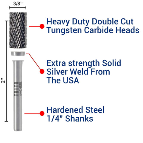 Five Piece Carbide Burr Set With One Quarter Inch Shank Beefy Double Cut Rotary Bits For Die Grinders Ideal For Wood Carving And Metalworking Comes In A Sturdy Storage Case YG10X Tungsten Carbide For Ultimate Strength Plus One Year Warranty image showing burr with specifications, 3/8-inch head, 2-inch length, double cut heads, silver weld, 1/4-inch shank.