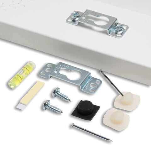 Picture Perfect Hanging System For Wall Art Up To Fifty Pounds No Wire Mount Kit with metal brackets, screws, and leveling tool.