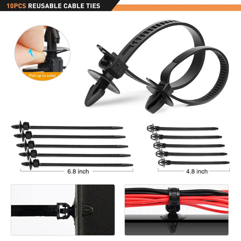 Close-up of plastic cable ties from 420 Piece One-Stop Fender Molding Clips Kit With Sealer for Toyota and Lexus, showing sizes.