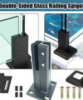 Top Shelf 8 Pc Square Glass Rail Clamps For 8 To 12 Mm Panels 304 Stainless Steel Rust Proof Corner Brackets 90 Deg Zero Hassle Quick Install For Decks Patios And Balconies, showcasing a double-sided glass railing spigot.