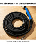 Workhorse Metal Cutting Torch Assembly With Thick Fireproof Leather Sleeve And Eight Meter Copper Cord Featuring Zero Leak Connectors and Drop Dead Easy Setup For Real Shop Fabrication Jobs, showing ergonomic handle and durable cord.