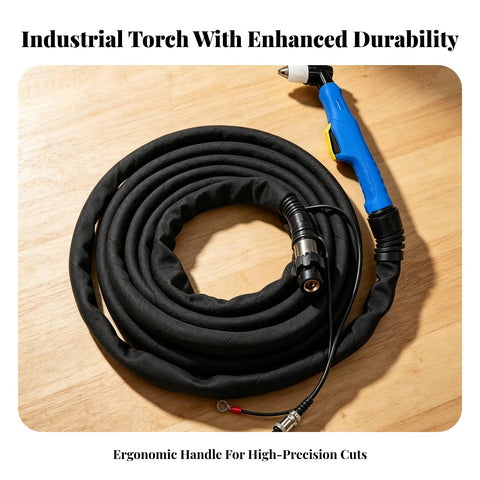 Workhorse Metal Cutting Torch Assembly With Thick Fireproof Leather Sleeve And Eight Meter Copper Cord Featuring Zero Leak Connectors and Drop Dead Easy Setup For Real Shop Fabrication Jobs, showing ergonomic handle and durable cord.