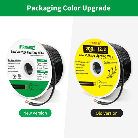 Low Voltage Landscape Lighting Wire 12/2, 200 Feet, Black Outdoor Cable with old and new packaging design