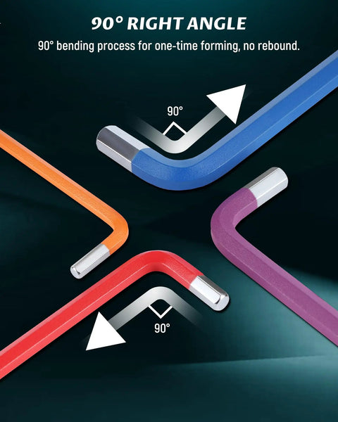Rainbow Hex Key Set With Ball End And Torx 37-Piece Foldable Allen Wrenches, color coded handles showing 90-degree angle design