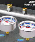 Stainless Steel Thermal Pressure Gauge 0 To 160 PSI And 30 To 250 Fahrenheit, Two And A Half Inch Dial, Liquid Filled, NPT Sizes