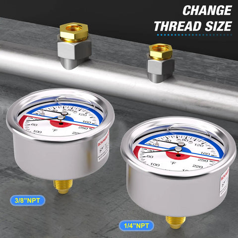 Stainless Steel Thermal Pressure Gauge 0 To 160 PSI And 30 To 250 Fahrenheit, Two And A Half Inch Dial, Liquid Filled, NPT Sizes