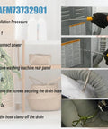 Washer drain hose AEM73732901 installation collage showing power disconnect, rear panel removal, drain hose screws