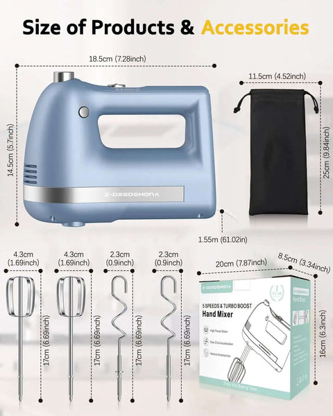 No Drama Electric Hand Mixer Featuring Five Speed Settings And Turbo Boost, with stainless beaters and dough hooks, dimensions and storage sleeve included.