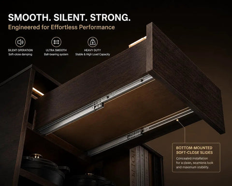 Dark wooden drawer with Undermount Drawer Slides 20 Inch Full Extension Heavy Duty Runners With Soft Close Damping in kitchen cabinet.