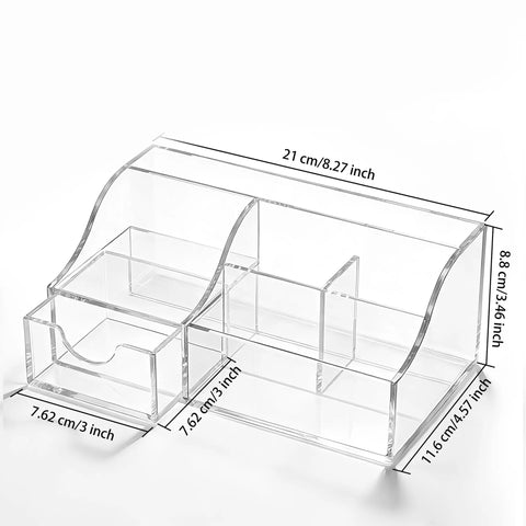 Acrylic Desk Organizer With Six Compartments, Pen And Pencil Holder, Clear Desktop Caddy for Office Supplies, dimensions labeled