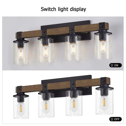 Farmhouse Vanity Light Fixture Four Light With Seeded Glass Shades For Bathroom Hallway And Bedroom in antique wood finish