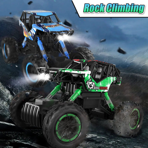 Two 1/14-scale off-road RC monster trucks climbing rocks with LED headlights, showcasing the "Rock Climbing" feature.