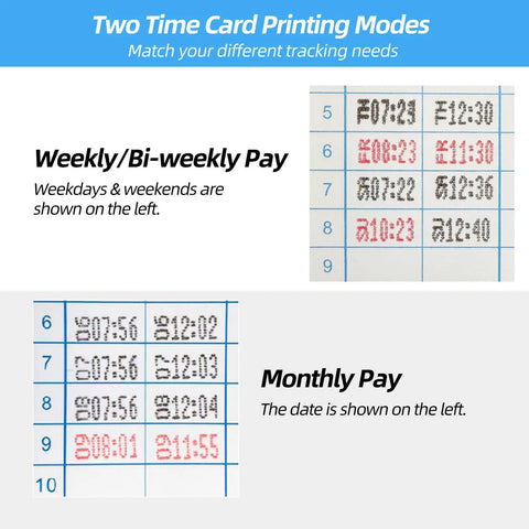 Solid Automatic Employee Time Clock Punch Machine Built For Busy Bosses Delivers Smooth Self Aligning Punches On Standard Time Cards showing example time card modes.