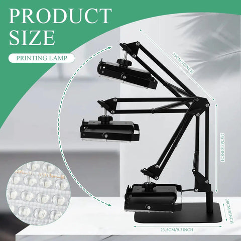 50W LED UV Screen Printing Exposure Unit With Retractable Adjustable Stand For Fast Emulsion Curing In Screen Printing Cyanotypes Photo Emulsion Exposing And DIY Makers Office Projects showing adjustable stand and dimensions
