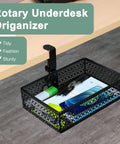 Heavy Duty Clamp On Under Desk Organizer Basket With 360 Degree Rotation Non Slip Pad Hanging Mount Space Saving Storage Tray For Home Office Studio Bedroom Or Dorm Black showing under desk view with stationary items.