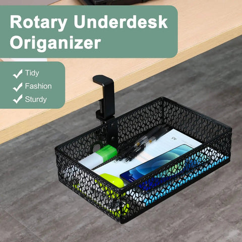 Heavy Duty Clamp On Under Desk Organizer Basket With 360 Degree Rotation Non Slip Pad Hanging Mount Space Saving Storage Tray For Home Office Studio Bedroom Or Dorm Black showing under desk view with stationary items.
