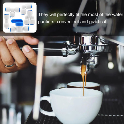 Super Easy Push To Connect White Pom Water Purifier Fittings Kit With 10 Pieces Smooth Hose Connectors No Burrs For Home Filters And Professional Use Super Durable And Quick Install shown on espresso machine