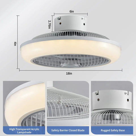Enclosed 18 Inch Ceiling Fan With Lights Remote, detail of 18-inch fan dimensions and safety features for low-profile use