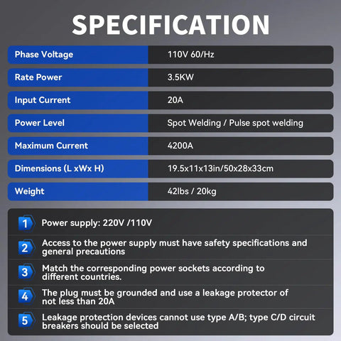 Specification sheet for Heavy Duty Auto Body Dent Repair Spot Welder Kit With Manual And Auto Modes, 3500W Stud Welder, 110V 4200A.