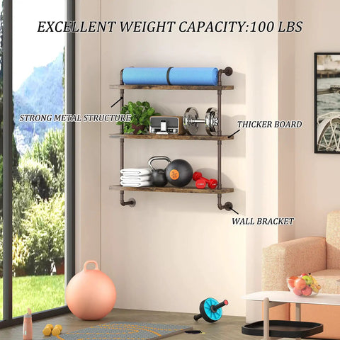 Rustic Three Tier Industrial Pipe Floating Shelves Straight Fire Modern Farmhouse Vibe With Sturdy Iron Metal Rack For Bathroom Kitchen Storage And Vintage Decor, displaying weights and decor items.