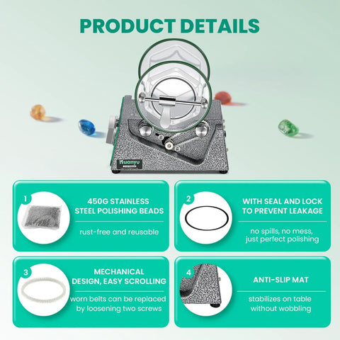 Barrel Polishing Machine for Jewelry and Small Parts with 5 stage speed control, shown with accessories and anti-slip mat