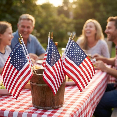 12 Pack 8x12 Inch All American Flags On Sticks With Wood Poles And Kid Safe Spear Tops on picnic table at outdoor gathering
