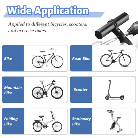 Heavy Duty Aluminum Bike Handlebar Extender Mount for GPS Speedometer and LED Light on various bikes and scooters.