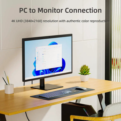 4K monitor connected to PC using DisplayPort To USB-C Cable With Power Delivery For 4K Video And Audio, setup on desk