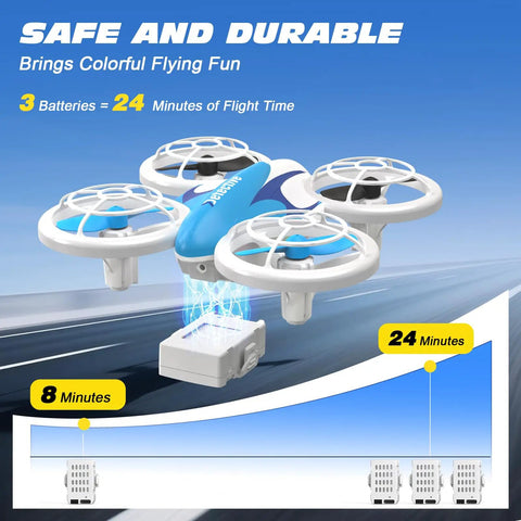 Kids Drone for Beginners with LED Light Show and Safe Propeller Guards, showing 3 batteries for 24-minute flight