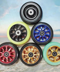 Assorted colored inline skate wheels with bearings, showcasing Beast Mode Speed Inline Skate Wheels 100mm and 110mm set of 2