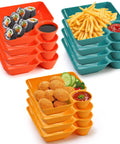 12 Piece Chip and Dip Serving Platter Set BPA Free Plastic Snack Trays With Built In Sauce Compartments featuring sushi, fries, and snacks.