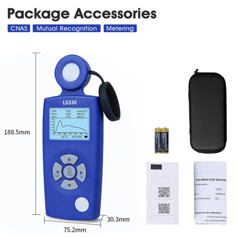 All In One Light Meter For Illuminance PPFD UV Index And Flicker Analysis High Precision Lux Meter And Color Temperature CRI Tester For LED Grow Lights And Indoor Agriculture, 188.5mm blue meter with case, batteries, calibration report
