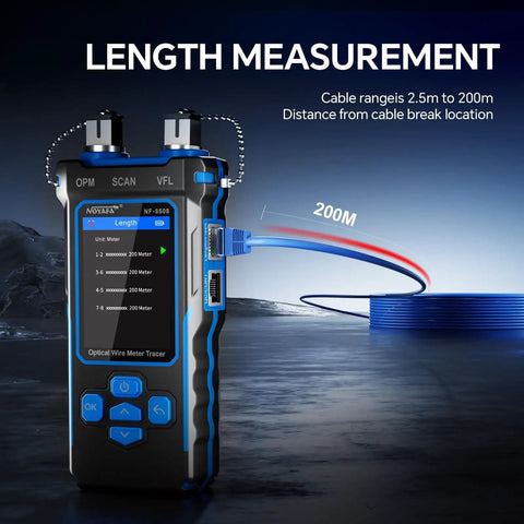 One-Stop Network Cable Tester Kit With RJ45 Crimp Tool And Optical Power Meter For Cat5 Cat6 Cat7 8P8C displaying length measurement feature