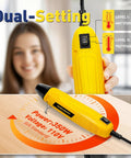 Yellow mini heat gun from All In One Solder Seal Wire Connector Kit with dual setting, 110V, 350W shown with settings display.